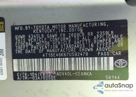 2007 Toyota Camry Ce/Le/Xle/Se из США, поврежденный, VIN 4T1BE46K67U592478